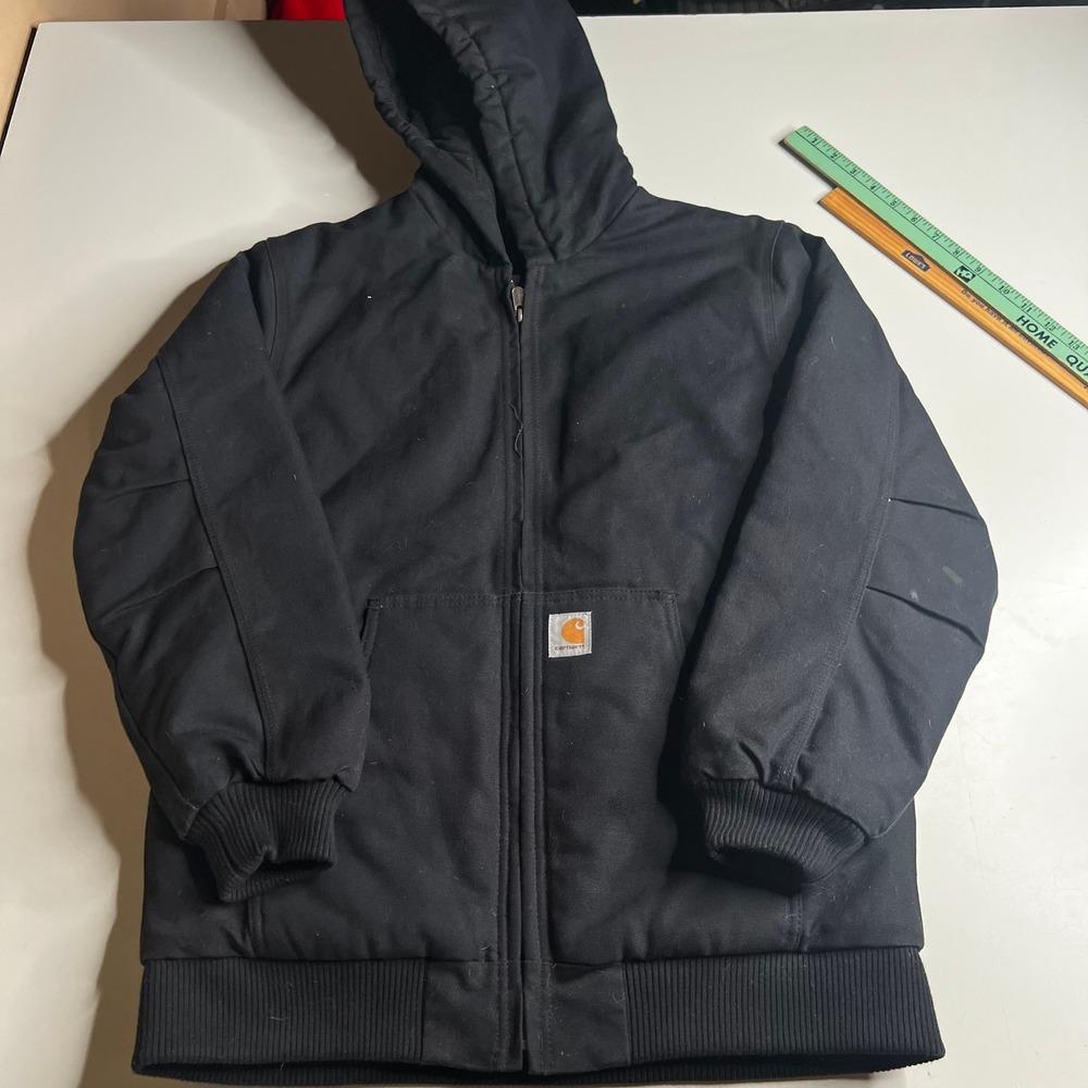 Carhartt Boys XL 18-20 Active Jacket Black Duck Canvas Quilted Lined Hooded Coat
